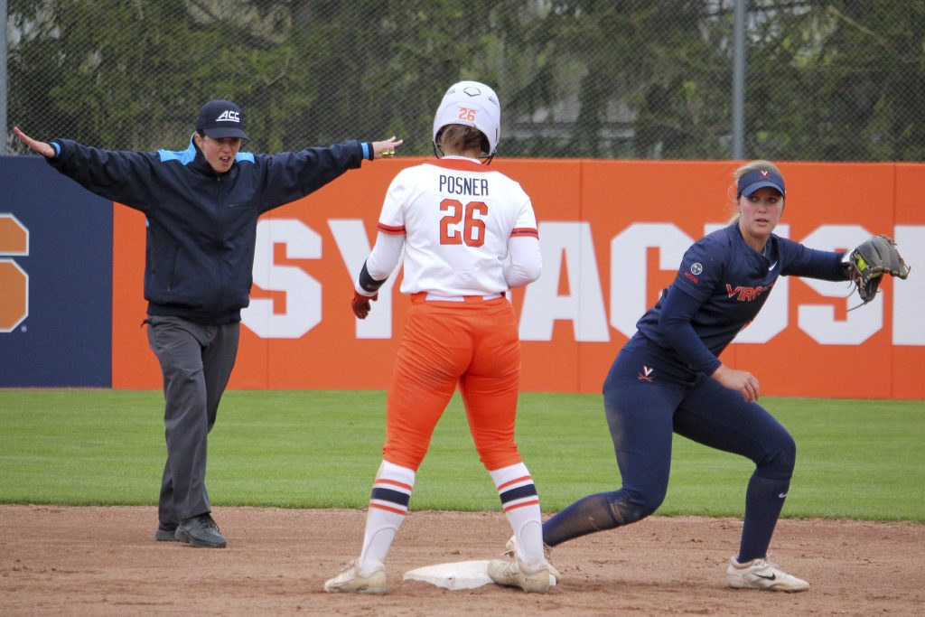 Syracuse's Taylor Posner (#26) makes it safely to second base.