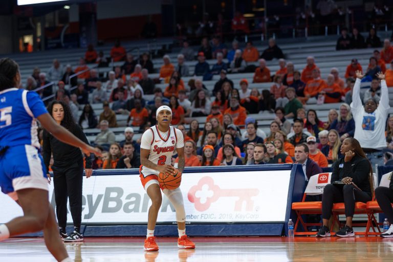 SU's Dyaisha Fair takes a 3-pointer against Central Connecticut State Friday, Nov. 10, 2023, in the JMA Wireless Dome. Fair scored 28 points.