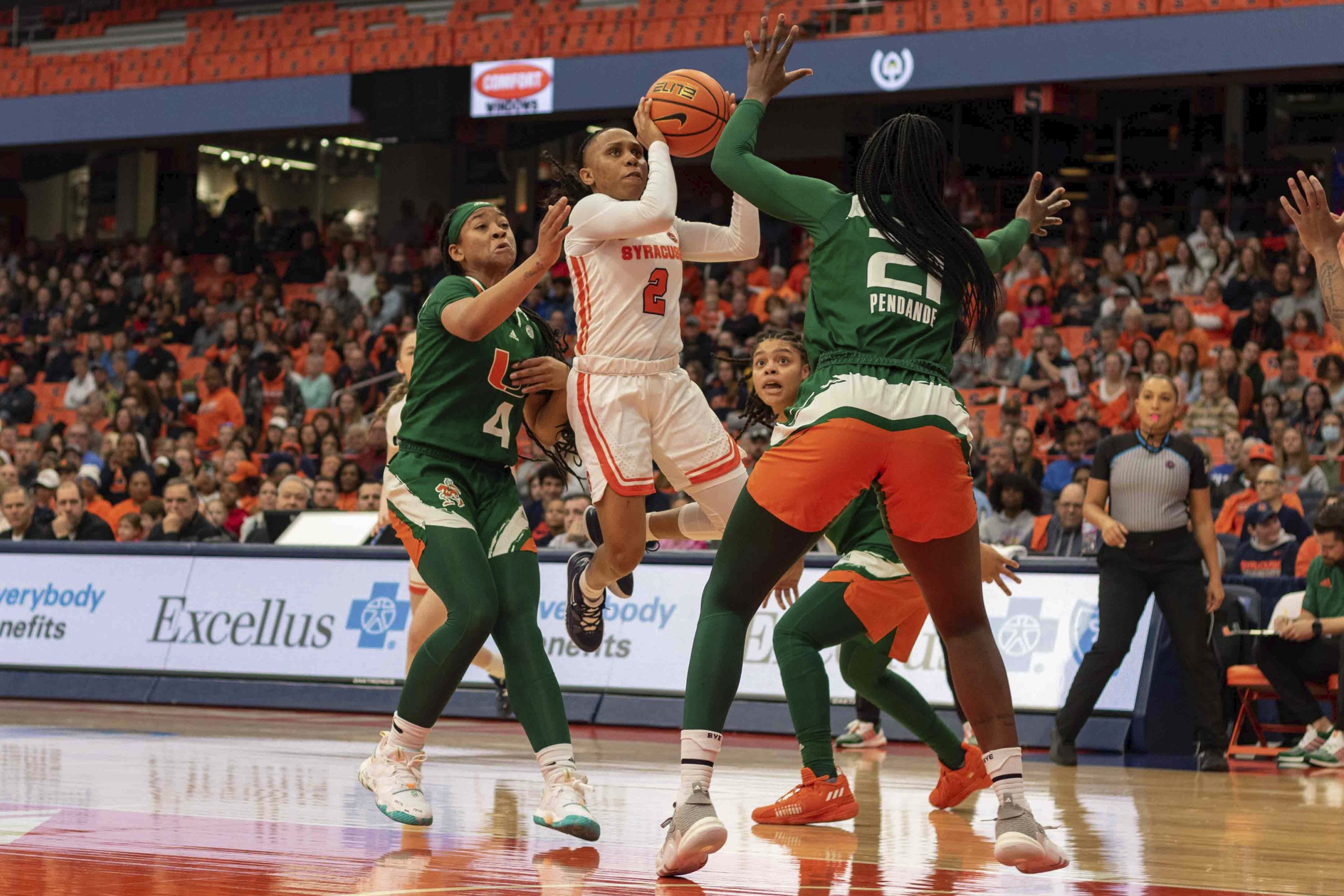 Dyaisha Fair (2) goes up for a basket attempt against University of Miami Sunday afternoon.
