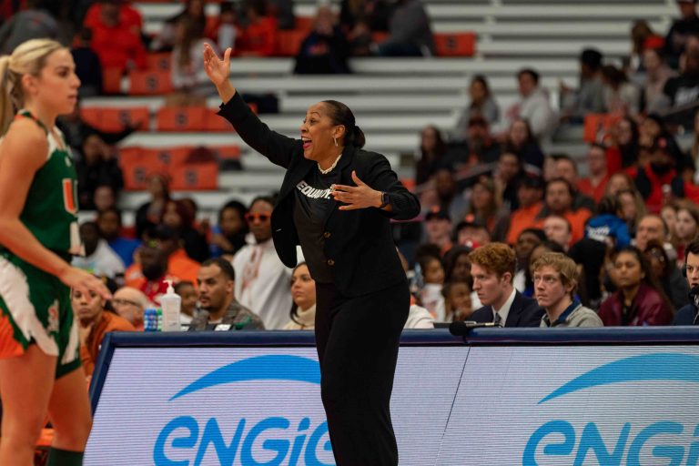 Coach Felisha Legette-Jack celebrating during the University of Miami game Sunday afternoon.