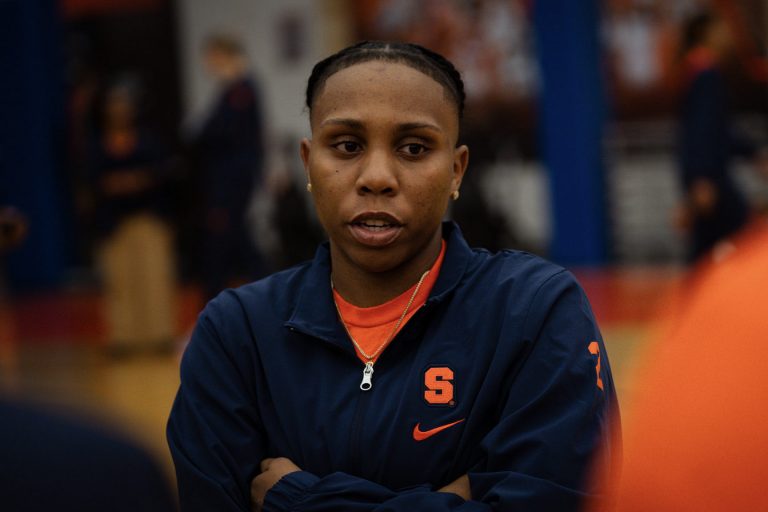Dyaisha Fair answers reporters questions regarding her role as a leader and her experience with playing with Team USA over the summer at the Syracuse women's basketball media day on Oct. 13, 2023, in the Carmelo Center.