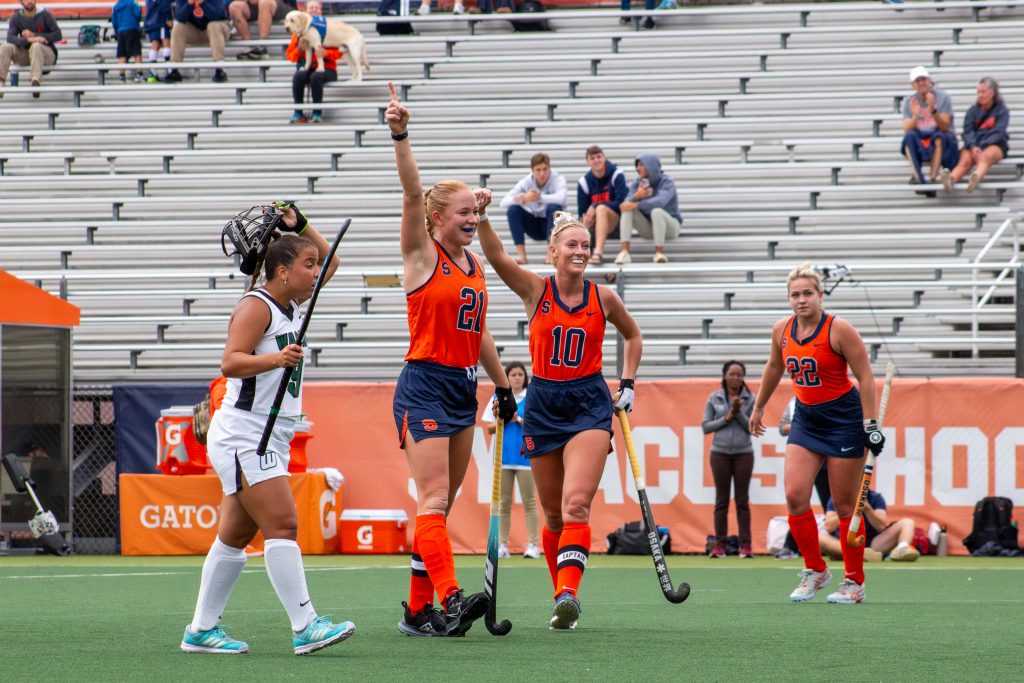 Senior Eefke van den Nieuwenhof celebrates with teammate Charlotte de Vries after scoring her 8th goal of the season.