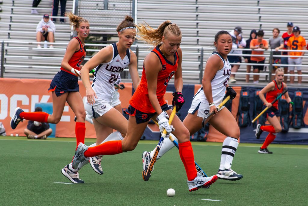 Midfielder Lieke Leeggangers breaks through the Uconn defense during the third quarter. Leeggangers finished the game with one assist to Eefke van den Nieuwenhof in the second.