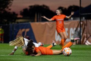 Grace Gillard (#27) motions for a foul to be called during the Syracuse-Florida State women's soccer game at SU Soccer Stadium on Sept. 21, 2023.