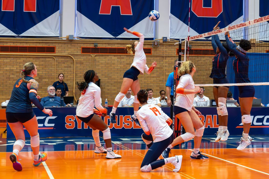 Syracuse University's Women's Volleyball team host Morgan State on Saturday, September 16, 2023. Syracuse University's women's Volleyball team defeats Morgan State University three sets to zero. (Newshouse photo by Theoplis Stewart II)