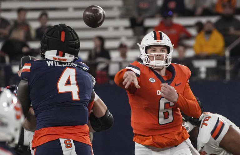 Quarterback Kyle McCord sets up ready to make a throw at the Syracuse football team annual spring game at JM Wireless Dome in Syracuse, N.Y., Saturday, April. 20, 2024. (Photo by Seth Gitner)