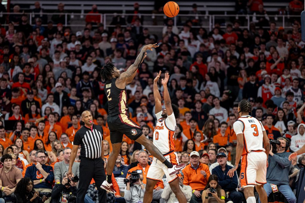 FSU's Jamir Watkins (#2) torches Syracuse's defense with another jumper during the Syracuse-Florida State game on Jan. 23, 2024 in the JMA Wireless Dome.