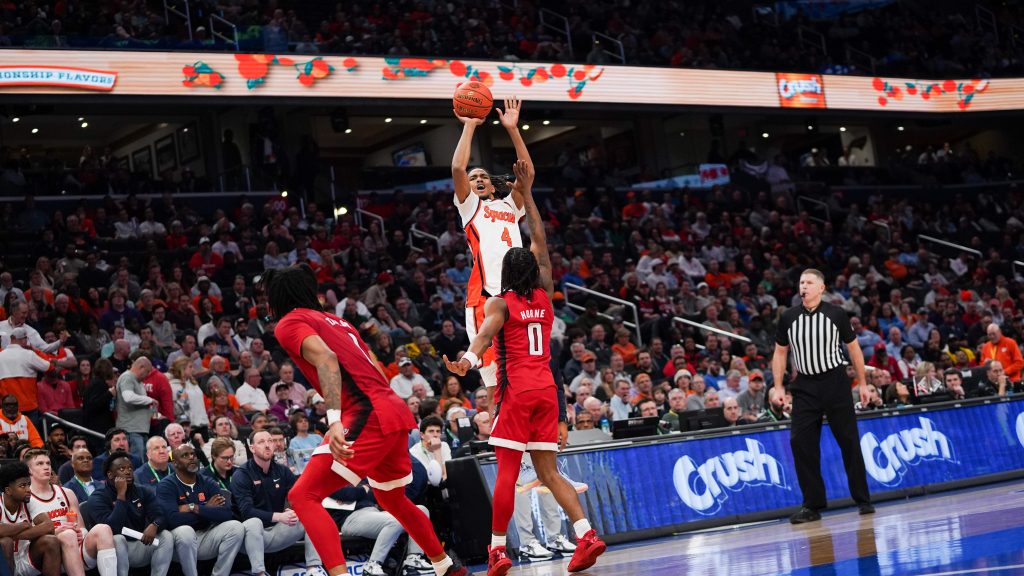 Sophomore forward Chris Bell takes a jumper during the Syracuse-North Carolina State second-round game of the ACC men's basketball tournament on March 13, 2024, at the Capital One Arena in Washington, D.C.