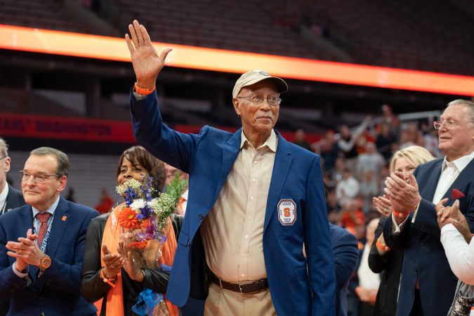 SU basketball legend Dave Bing is honored with Syracuse University's Ring of Honor at halftime as the Orange took on NC State at the JMA Wireless Dome.