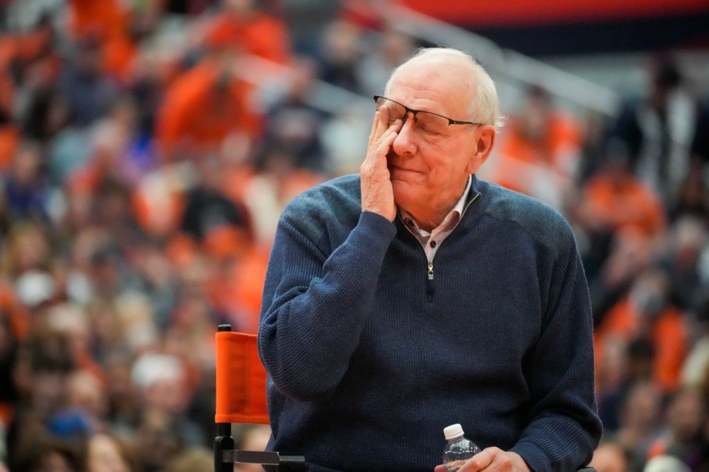 Jim Boeheim is moved by the celebration in his honor during the men's game against Notre Dame in JMA Wireless Dome on Saturday, Feb. 24, 2024.