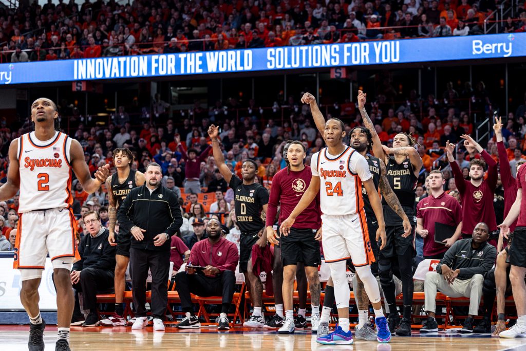 FSU Guard Darin Green Jr. (#22) hits a dagger triple to put the game out of reach late in the second half during the Syracuse-Florida State game on Jan. 23, 2024 in the JMA Wireless Dome.