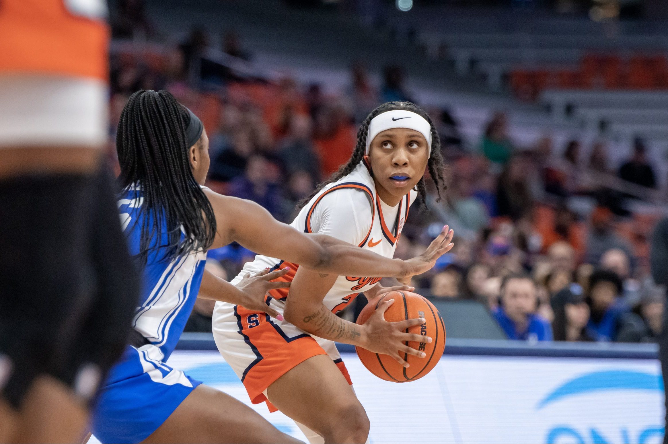 Dyaisha Fair (#2) struggles to get around Duke's defense at Thursday's game in the JMA Wireless Dome
