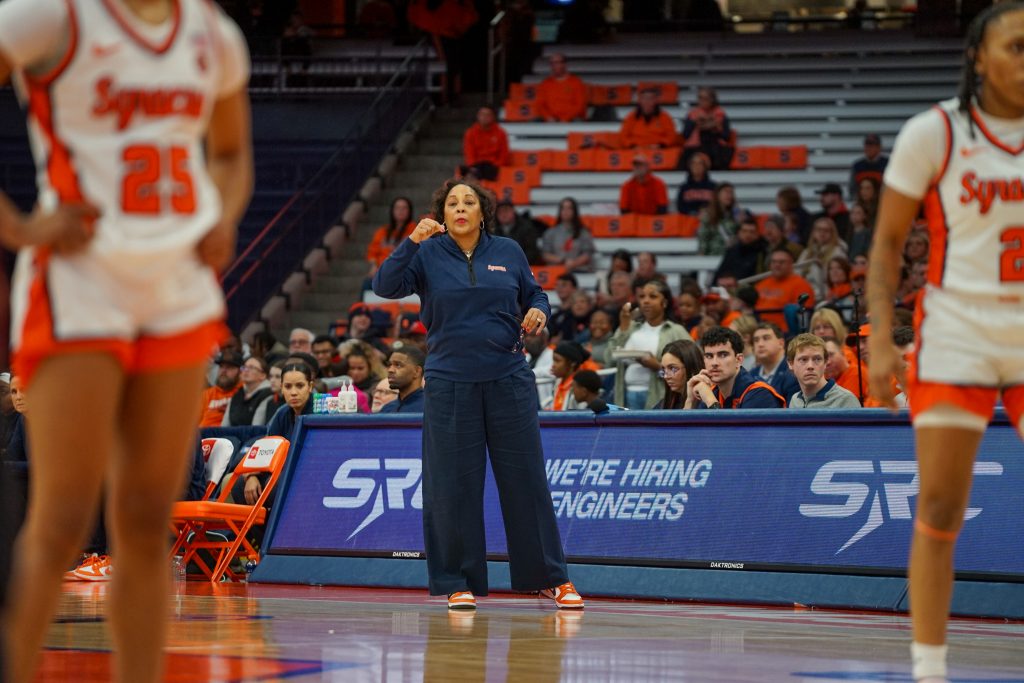 Felisha Legette-Jack coaches from the sideline against Virginia Tech on Jan. 28, 2024, in the JMA Wireless Dome.