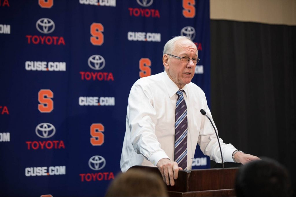 SU Basketball head coach Jim Boeheim at the post-game press conference following Syracuse's win over Texas Southern on Nov. 18, 2017.