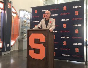 Syracuse men's basketball coach Jim Boeheim addresses the media after NCAA Tournament seeding is released.