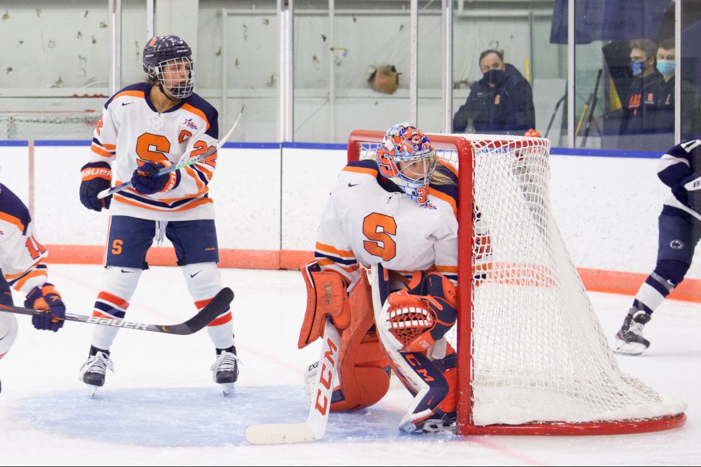 Allison Small defends the net in Syracuse's game against Penn State.