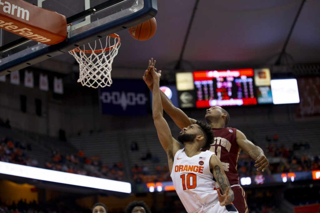 Howard Washington attempts a layup agains Boston College on Jan. 15, 2020.