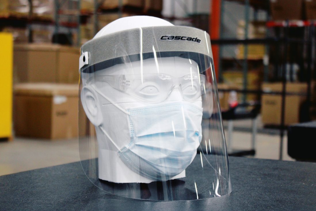 A face shield produced by Cascade Lacrosse of Liverpool, New York, to help healthcare workers treating coronavirus patients