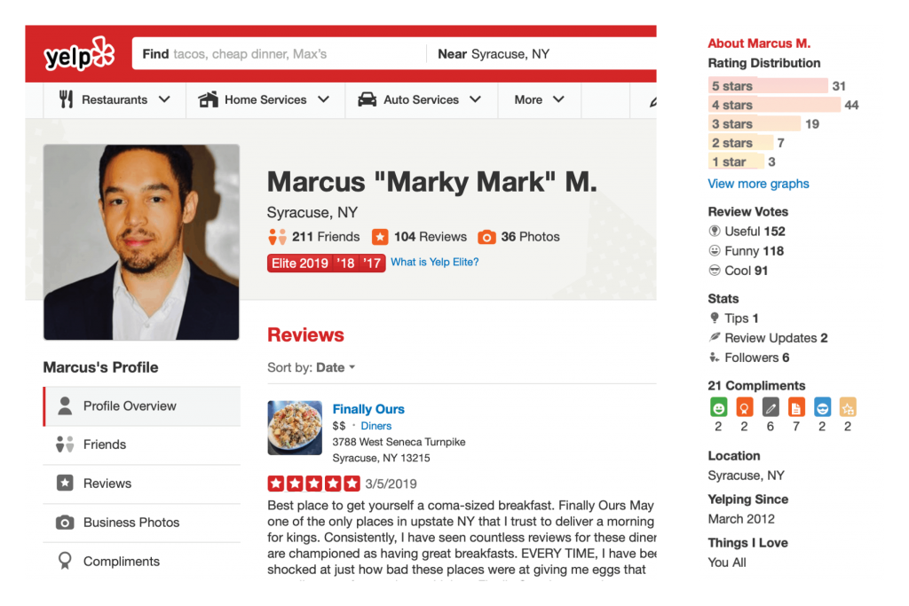 Marcus' Yelp profile