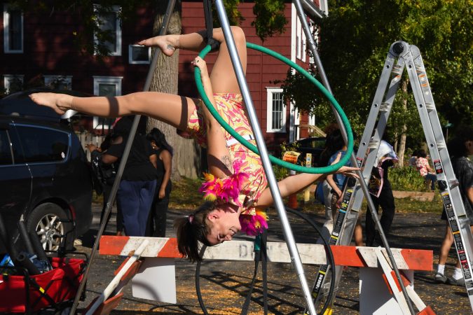 A performer from Circus Moon wowed the audience with her aerial skills while on the dance stage at the Wescott street fair on Sunday.