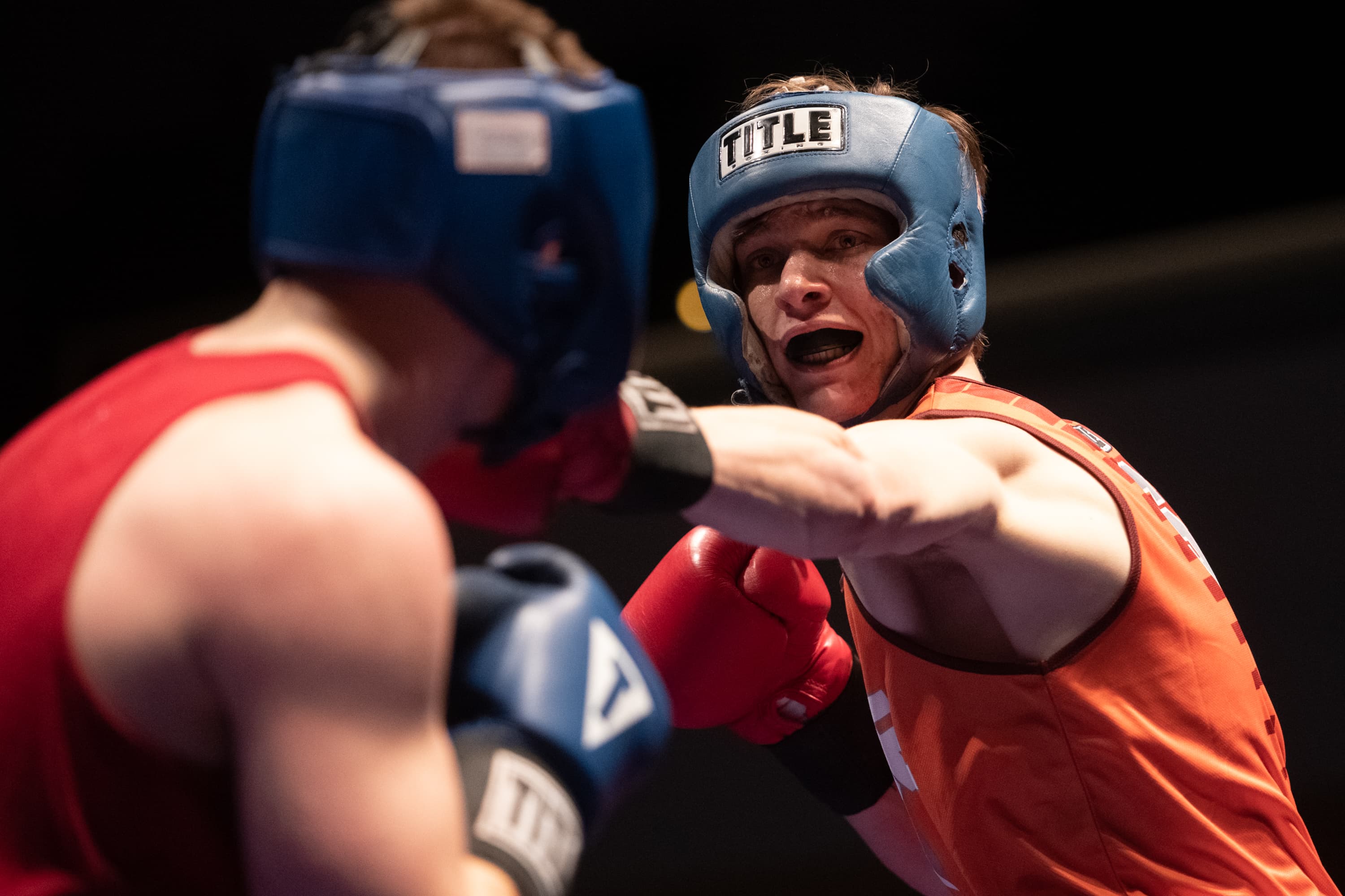 Syracuse graduate student Jeff Frelier fights against Iowa State's Brandon Peck in the championship match in 178-pound bracket at the Goldstein Auditorium on March 24, 2019. Syracuse University hosted the United States Intercollegiate Boxing Association's national championship this past weekend.