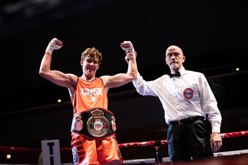 Syracuse graduate student Jeff Frelier is announced as the 178-pound champion during the national boxing tournament at Goldstein Auditorium on March 24, 2019. Syracuse University hosted the United States Intercollegiate Boxing Association's national tournament this past weekend.