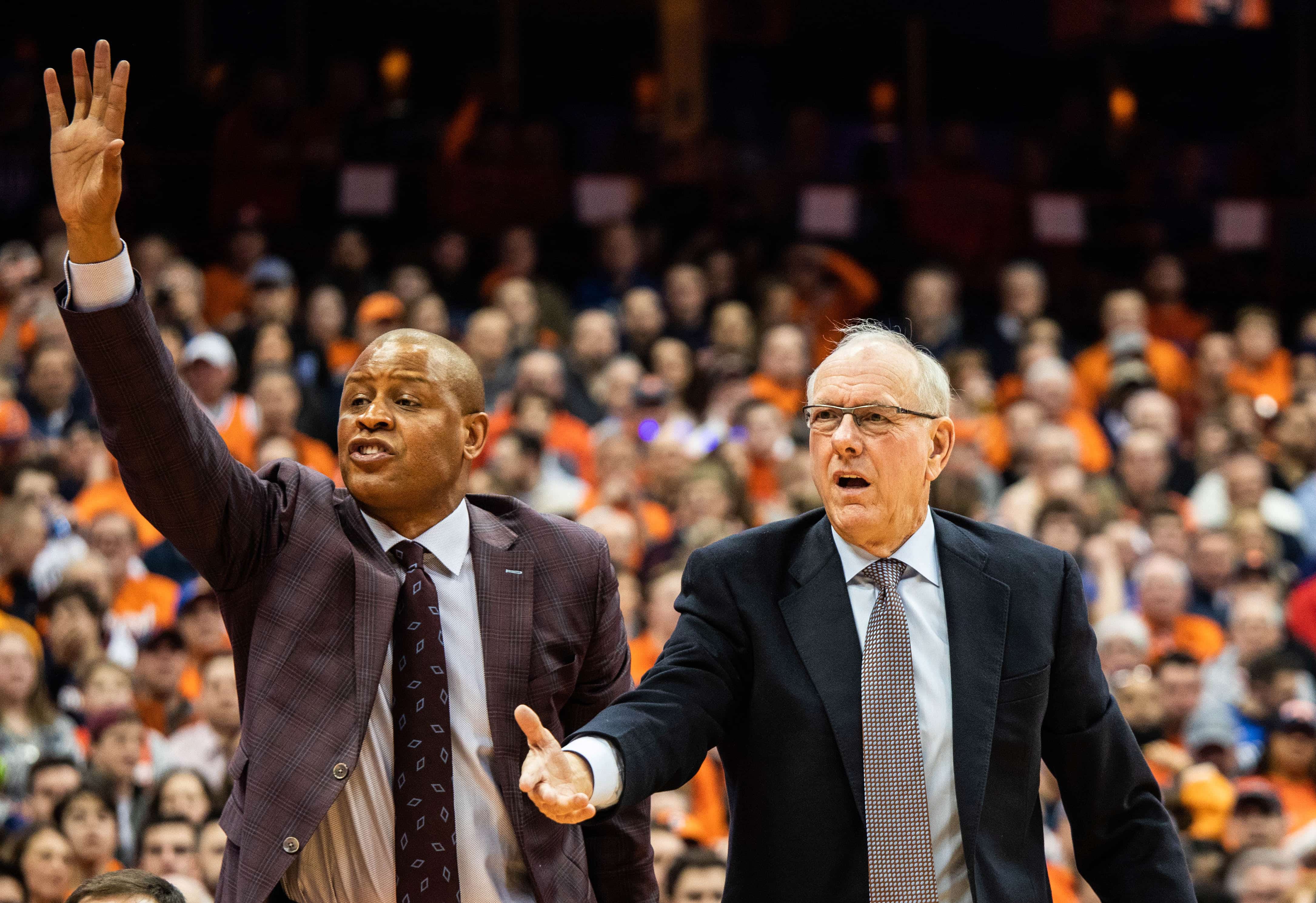 SU associate head coach Adrian Autry joins head coach Jim Boeheim in challenging a referee's call during the SU-Duke on Feb. 23, 2019 in the Carrier Dome.