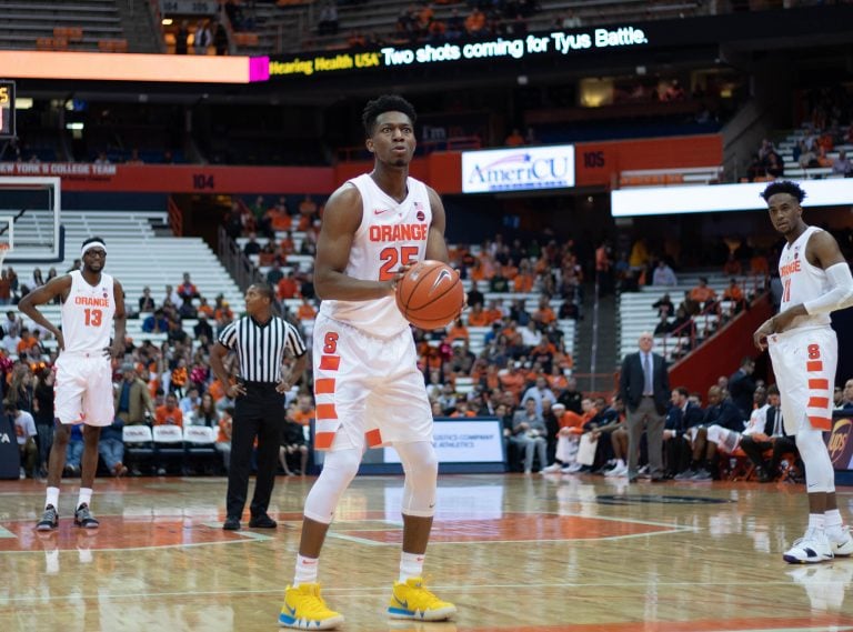 Tyus Battle prepares to shoot a free throw during Syracuse's exhibition opener against St. Rose.