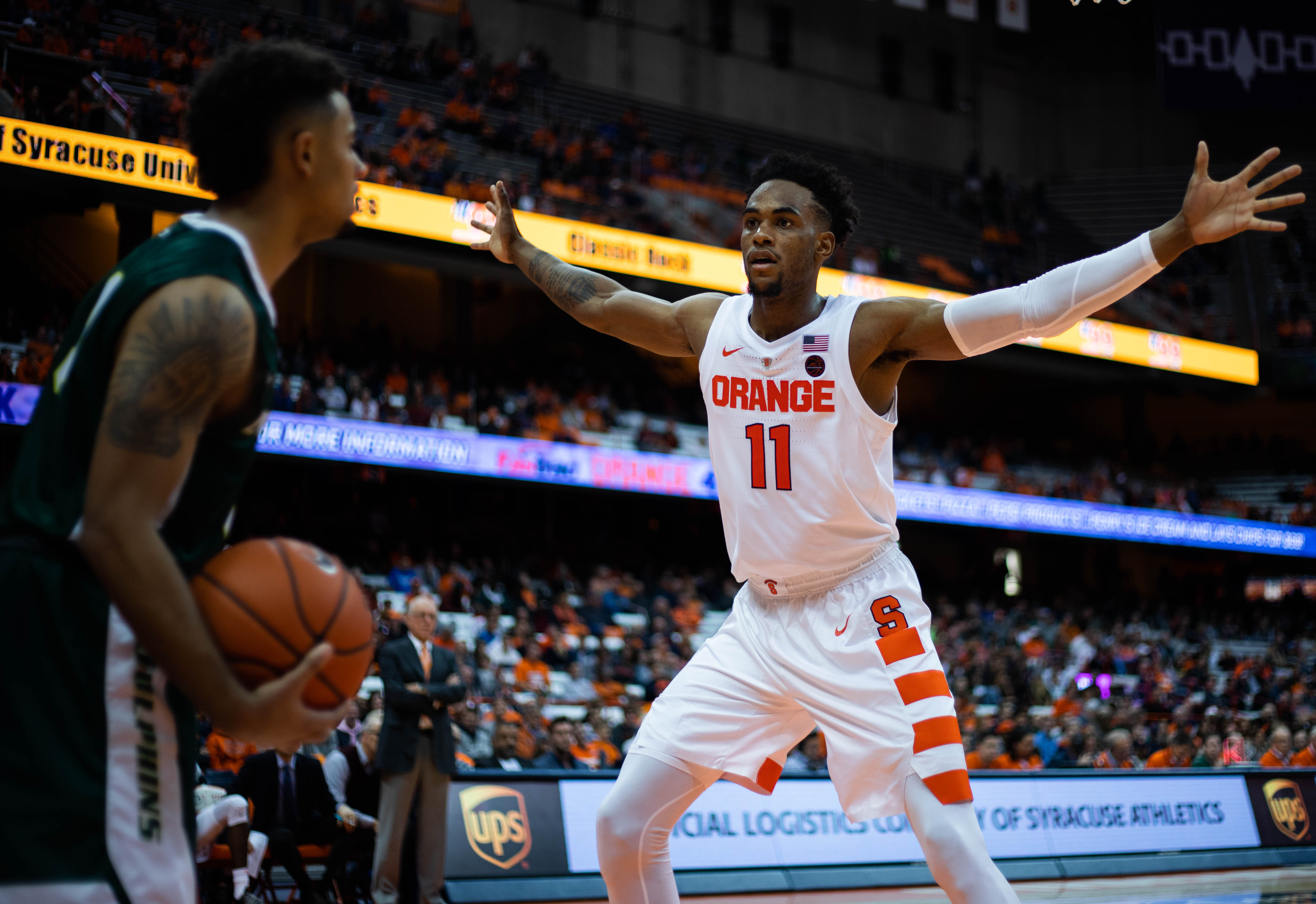 Oshae Brissett guards a Le Moyne inbounds pass. The Orange forced 26 turnovers.