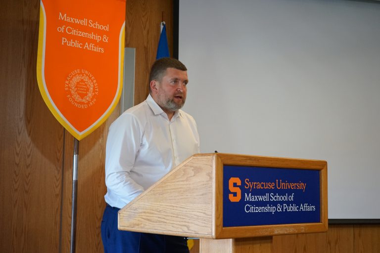 Oleksandr Markushyn, mayor of Irpin, Ukraine speaks at the Maxwell School on Friday, April 14.