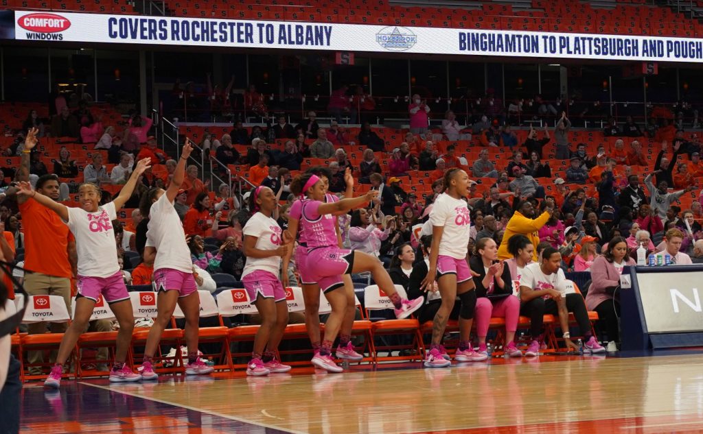 Syracuse's bench celebrated during the SU-UNC matchup on Feb. 9, 2023.