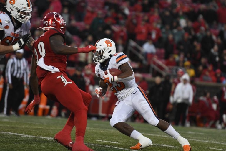 Junior running back Abdul Adams shakes a defender in the backfield against Louisville on Nov. 23, 2019.