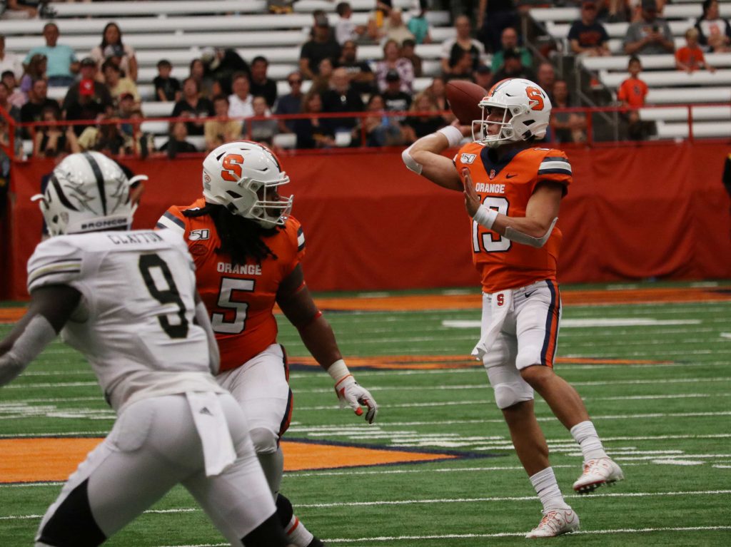 Syracuse University’s quarterback Tommy DeVito (13), passes the football downfield during a football game against Western Michigan on September 21, 2019.