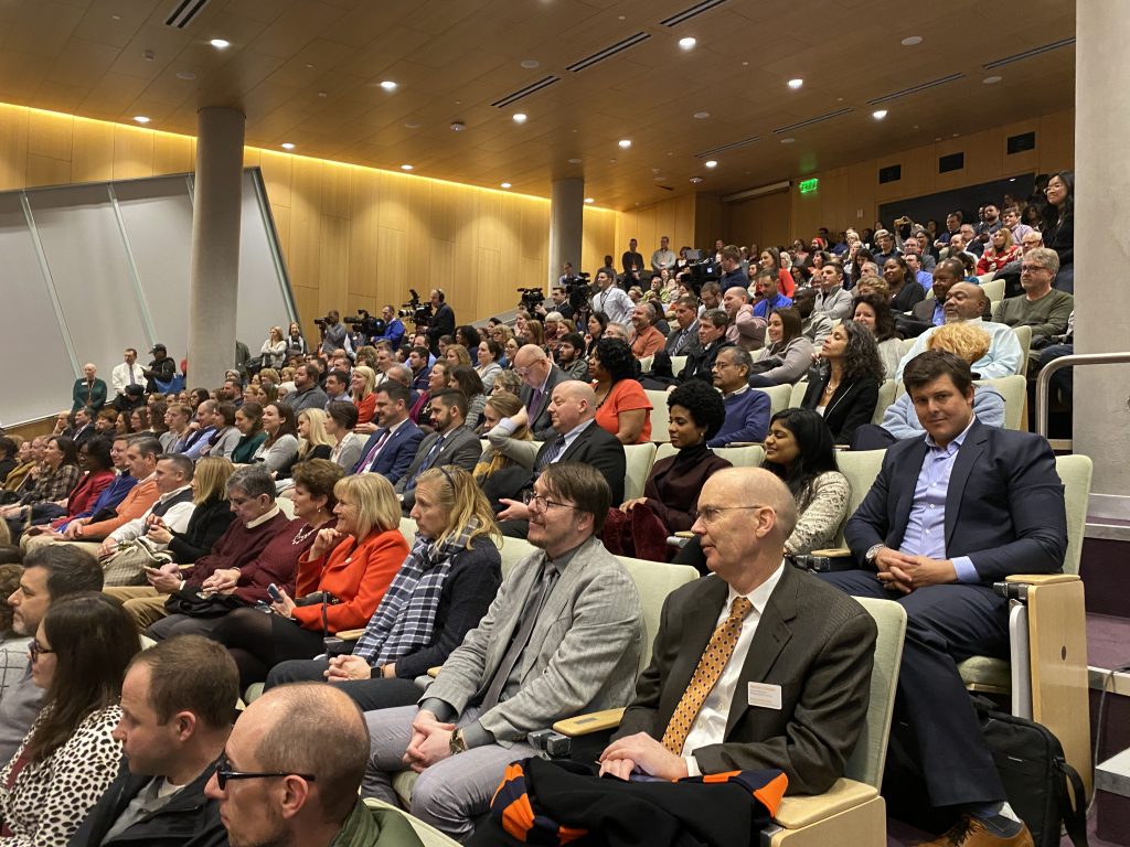 A capacity crowd in the Melanie Gray Ceremonial Courtroom in Dineen Hall on Monday listens to Chancellor Kent Syverud delivered his Winter Message.