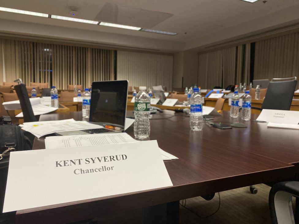 NotAgainSU Negotiations Day 1 Room with Chancellor Syverud's name plate
