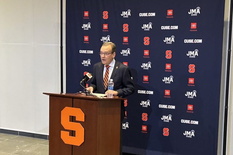 Syracuse athletic director John Wildhack speaks at Monday's press conference regarding the firing of football head coach Dino Babers.