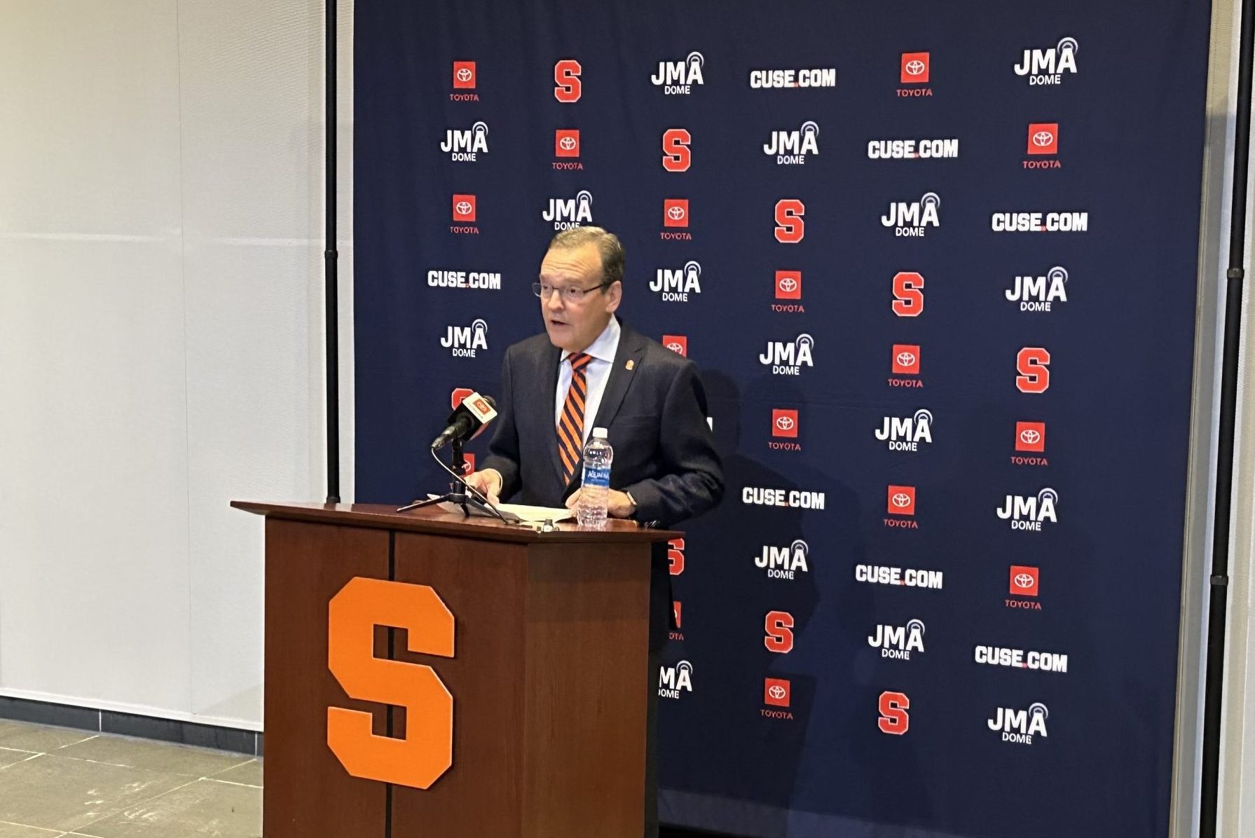 Syracuse athletic director John Wildhack speaks at Monday's press conference regarding the firing of football head coach Dino Babers.