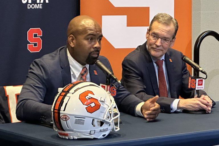 SU introduces Fran Brown as the Orange's new football head coach during a press conference with athletic director John Wildhack on Monday, Dec. 4, 2023.