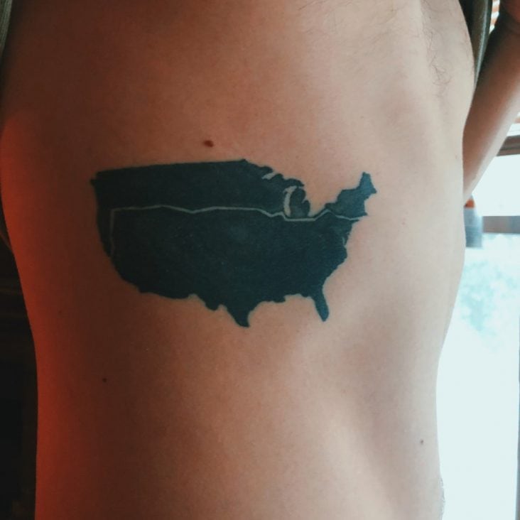 Pershing’s tattoo which he received this past summer, Summer 2018. The line represents the exact journey that him and his sister biked.