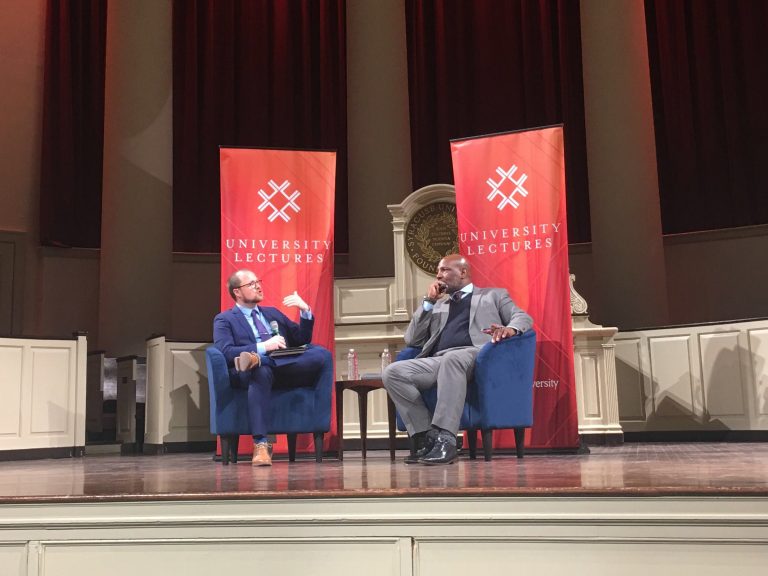 New Yorker writer Jelani Cobb (right) speaks to SU history associate professor Jeffery Gonda during Cobb's University Lectures talk on Feb. 11 at Hendricks Chapel