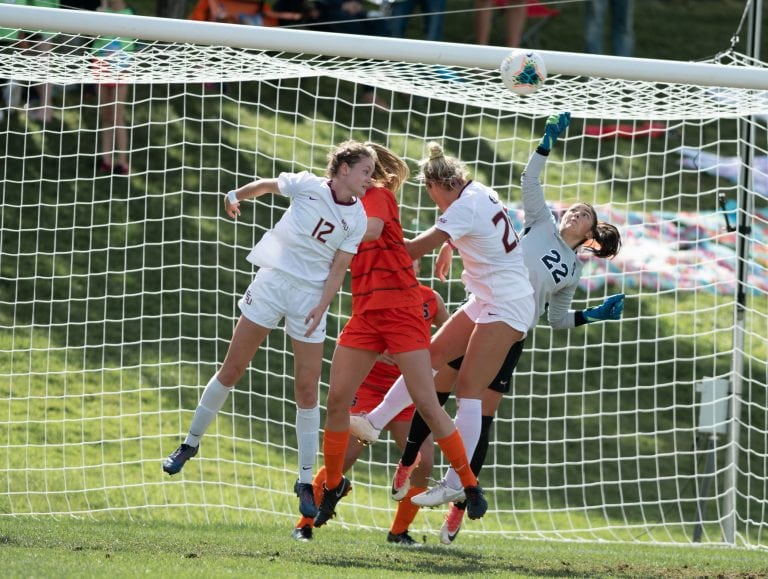 SU goalie Lysianne Proulx (22) makes a save during the Sept 29 game vs FSU.
