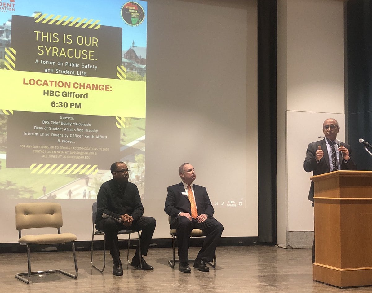 Department of Public Safety chief Bobby Maldonado addresses students at Monday's "This is our Syracuse" forum