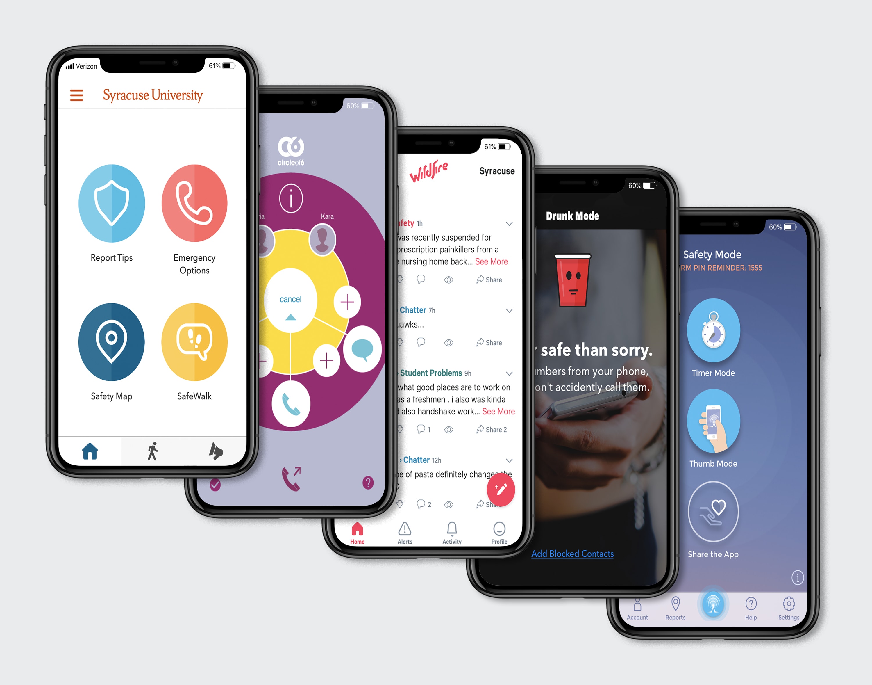 iPhones showing the five safety apps