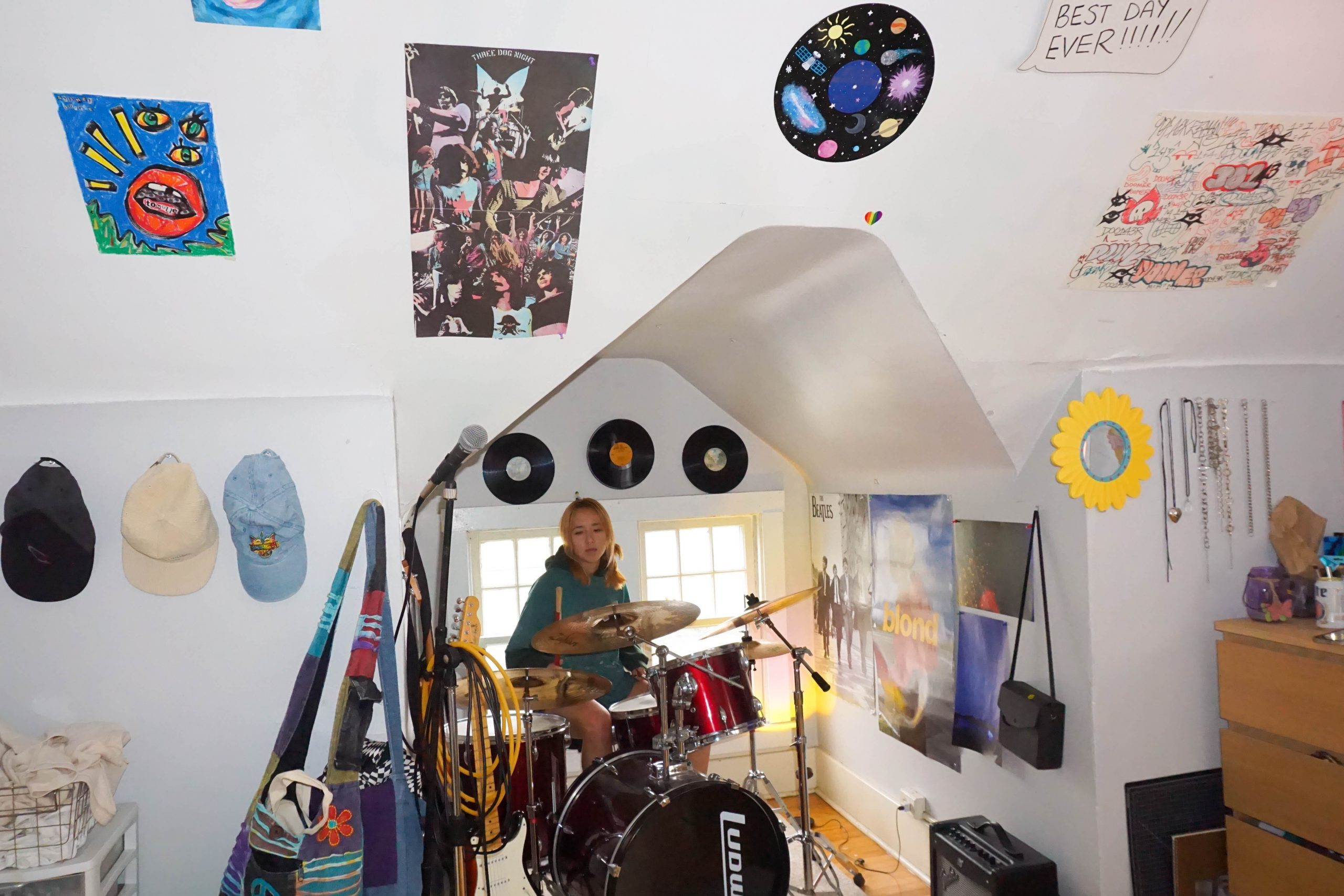 Oji Anderson drums in the alcove in her bedroom where she has a full-sized kit.