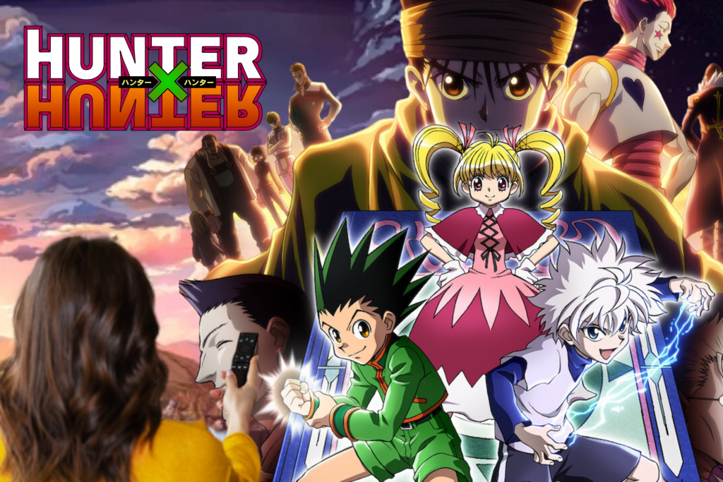 A woman holds a remote next to anime characters. The Hunter x Hunter logo. A painted sunset background.