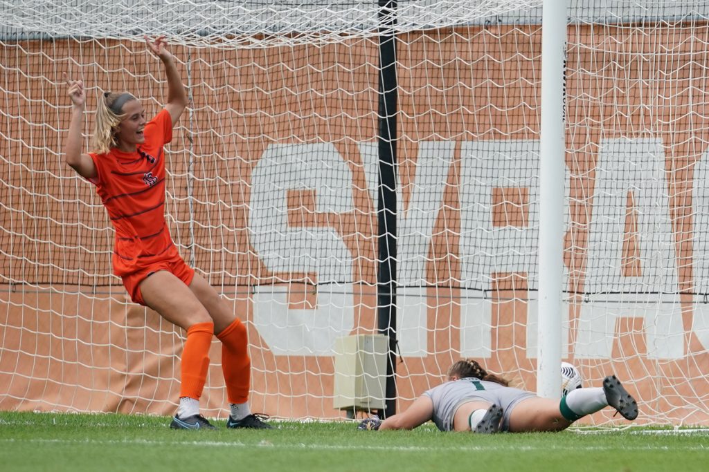 Syracuse's Hannah Pilley celebrates after her second half goal in the come from behind win over Eastern Michigan University on Sunday.