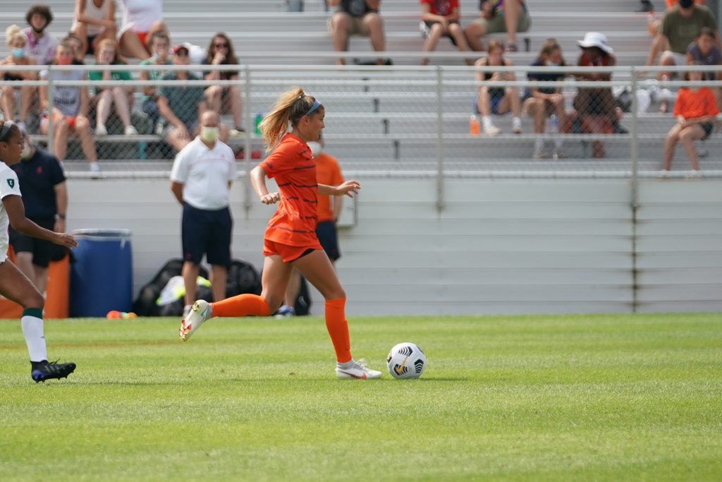 Syracuse's Koby Commandant forays forward into Eastern Michigan's half during the match on Sunday.