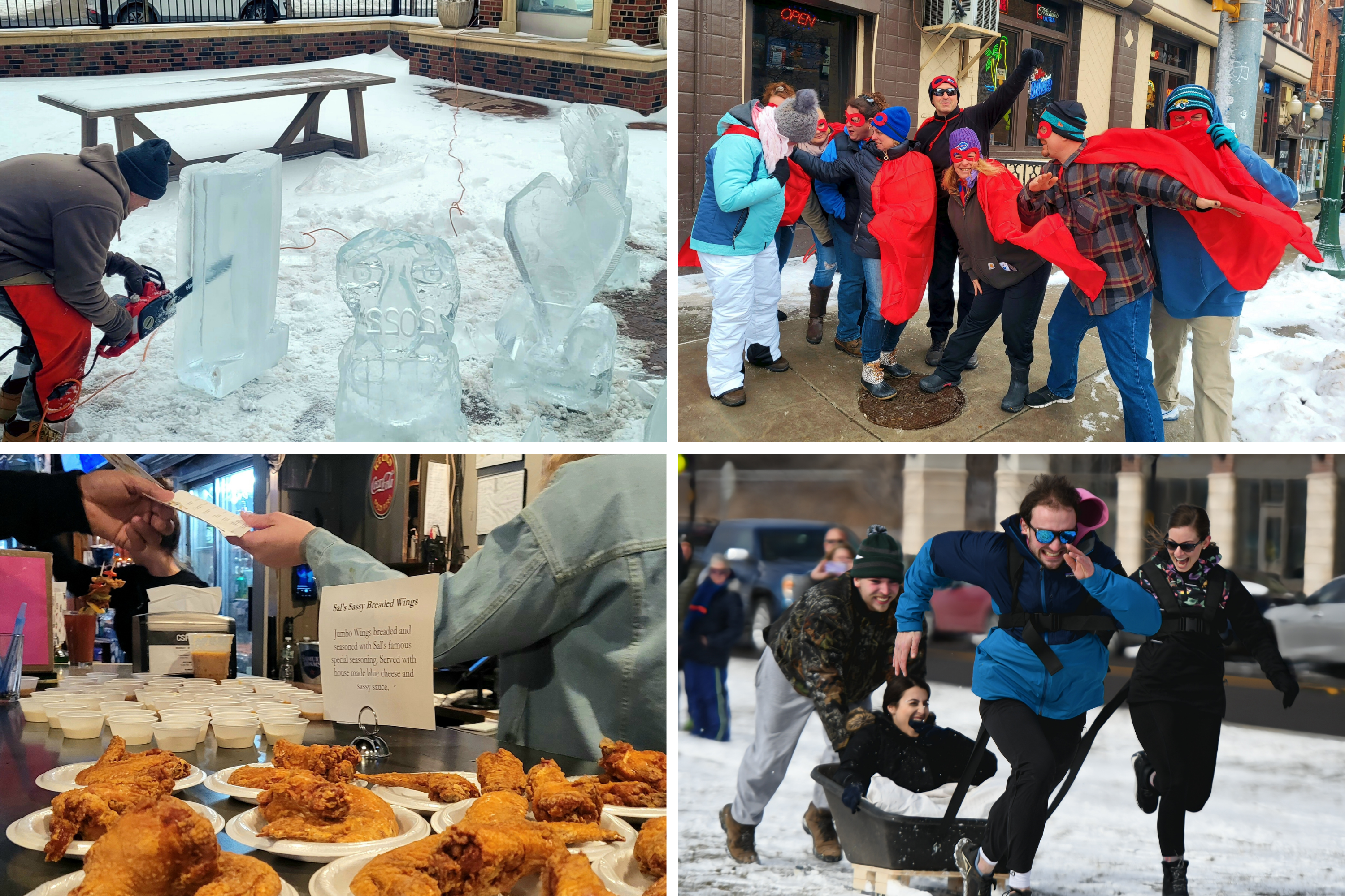 Pictured clockwise from top left: Ice sculpture artist and Onondaga Country Club professional chef Adam Vural carves a sculpture in a demonstration outside the Syracuse Downtown Marriott; a group of attendees participating in the Wing Walk, self-styled "Wing Avengers," takes to the streets; a team of human dogsled racers compete in a race at the Inner Harbor field; Wing Walk attendees at Clinton Street Pub sample the vendor's wings and cast their votes.