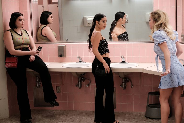 Barbie Ferreira, Alexa Demie and Sydney Sweeney congregate in their high school bathroom in episode three of Euphoria.