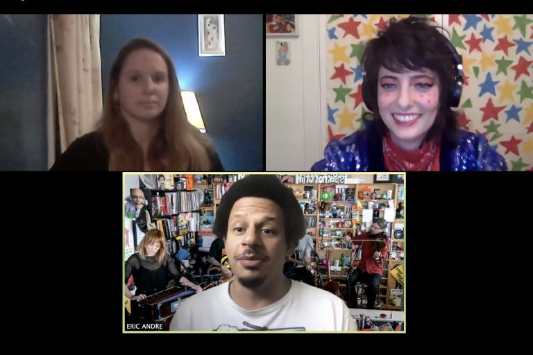 Eric Andre answered questions from SU and SUNY-ESF students via Zoom. Sarah Sherman (right) moderated the questions while Kelly Lann performed an American Sign Language interpretation.